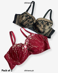 Pack of 2 Imported Stocklot Branded Net Pushup Bra - Underwired - Non Padded Bra